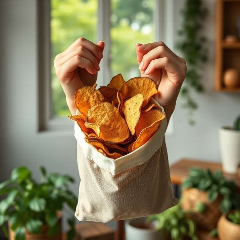 Chips de legumes desidratados em embalagem reutilizável.