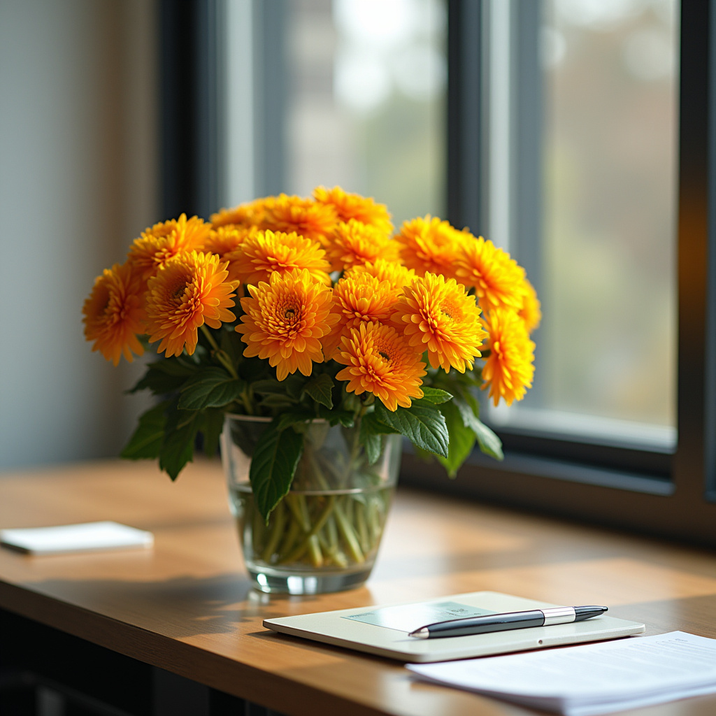 Chrysanthemums on a Brazilian office desk, bright colors, professional photography, 8K quality, Crisântemos trazendo boa sorte nos negócios para mesa de trabalho.