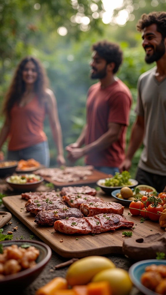 Churrasco animado com amigos e acompanhamentos criativos.