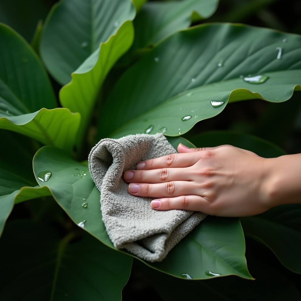 Cleaning peace lily leaves with damp cloth. Close-up on leaf, hand, cloth. Professional Limpando folhas do lírio da paz com pano úmido.