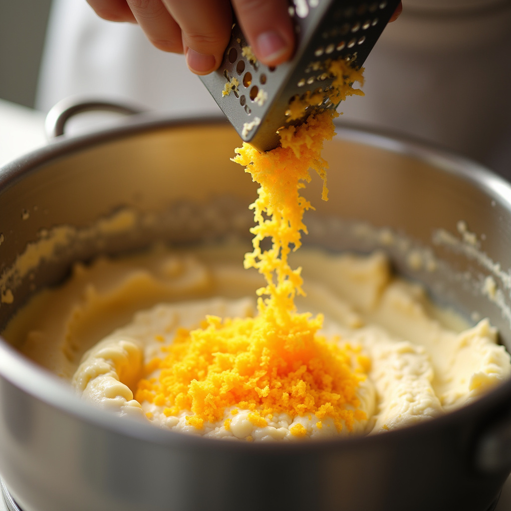 Close-up, grating orange zest into cake batter, bright kitchen, Brazilian sunlight, 8K quality, Casca de laranja ralada para um sabor intenso.