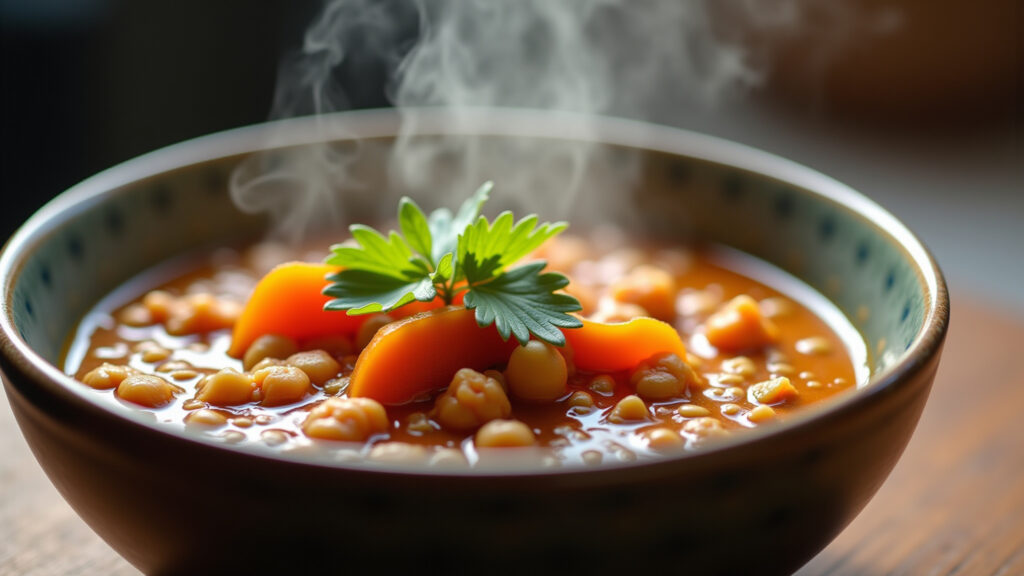 Close-up of a bowl of lentil soup with vibrant vegetables, steam rising, natural light, Tigela de sopa de lentilha com legumes frescos.