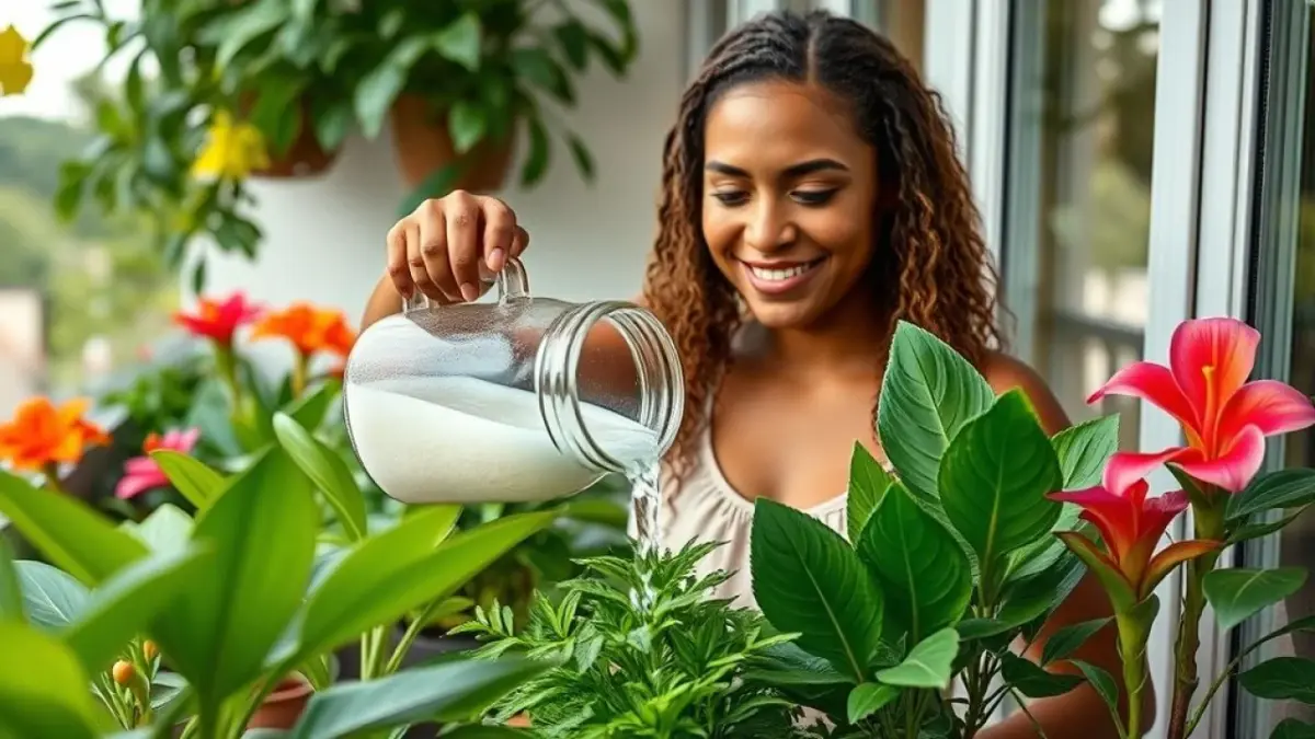 Mulher brasileira regando plantas com água de arroz em vasos na varanda.