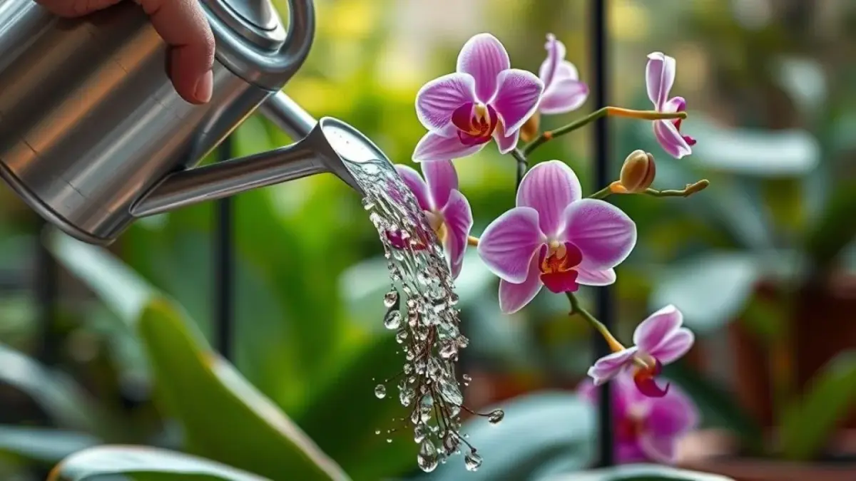 Regando orquídea com água de arroz, mostrando raízes saudáveis e flores.