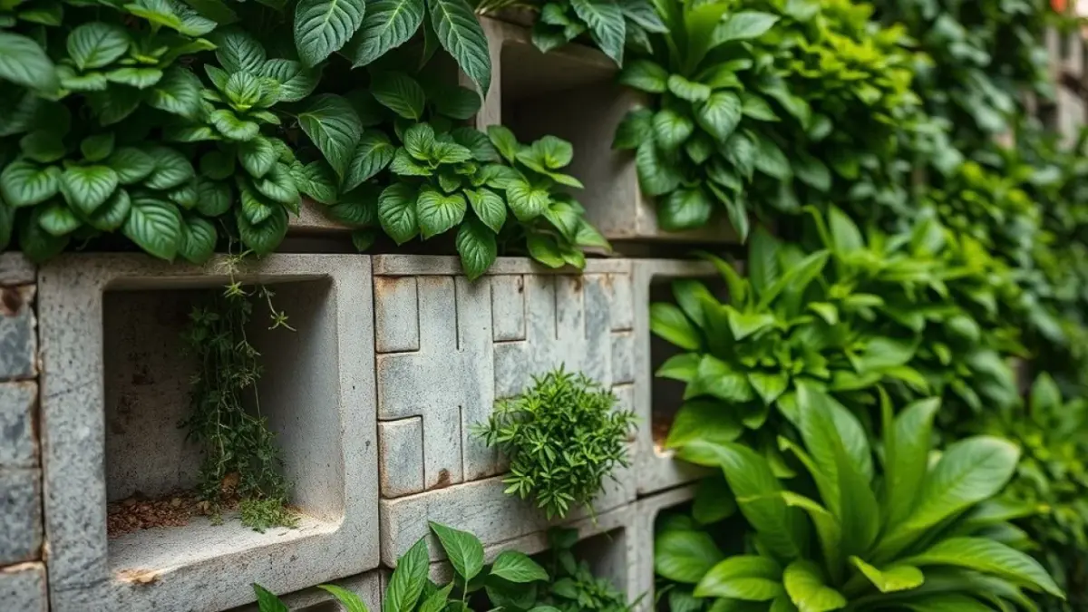 Close-up of a lush vertical garden with concrete blocks, vibrant green foliage, variety of Jardim vertical exuberante com blocos de concreto e folhagens diversas. Paisagismo urbano no Brasil.