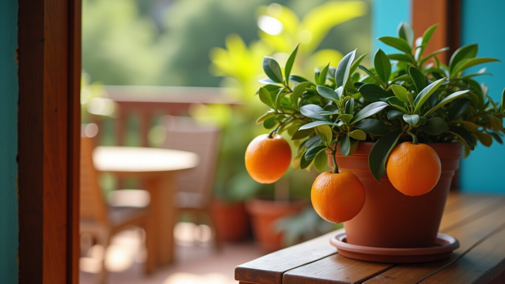 Close-up of a potted orange tree on a sunny balcony, Brazilian style decor, vibrant colors. Laranjeira em vaso: charme e frescor em casa.
