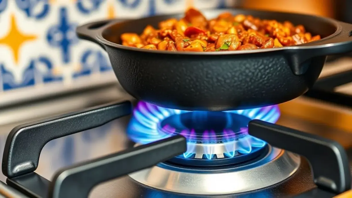 Cooktop a gás com panela de feijoada, chama azul e azulejos brasileiros ao fundo.