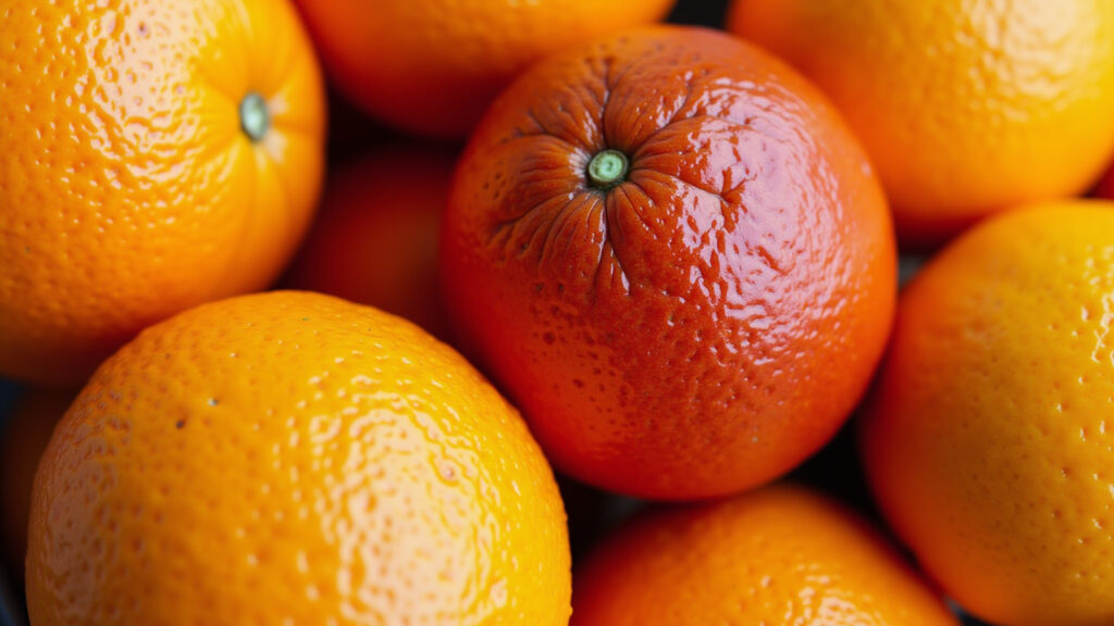 Close-up of assorted oranges: navel, blood orange, Valencia, showcasing vibrant colors and Variedade de laranjas frescas: Bahia, Pera, Lima e Champagne.