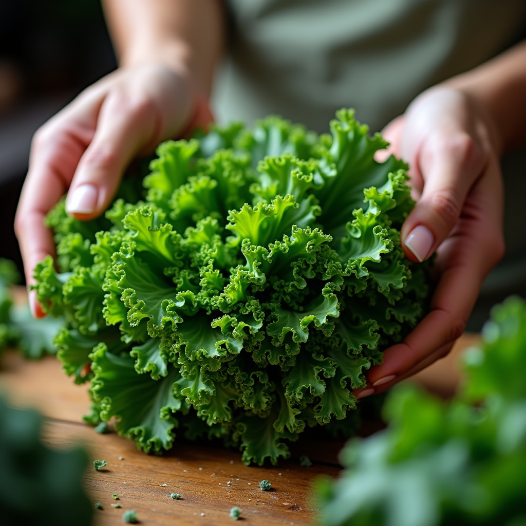Close-up of fresh kale leaves, vibrant green, natural lighting, woman's hands preparing, detox Couve fresca para gastrite sendo preparada para suco detox.