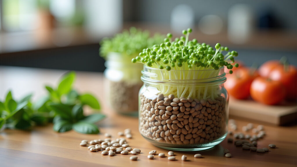 Close-up of germinating lentils in a jar, bright natural light, kitchen setting, sprouts visible, Lentilha germinada em pote de vidro.