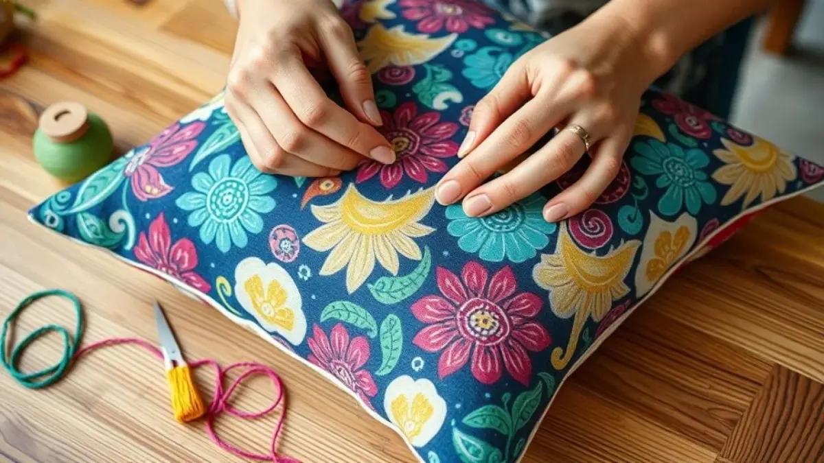 Mãos costurando almofada DIY com tecido estampado em mesa de madeira.