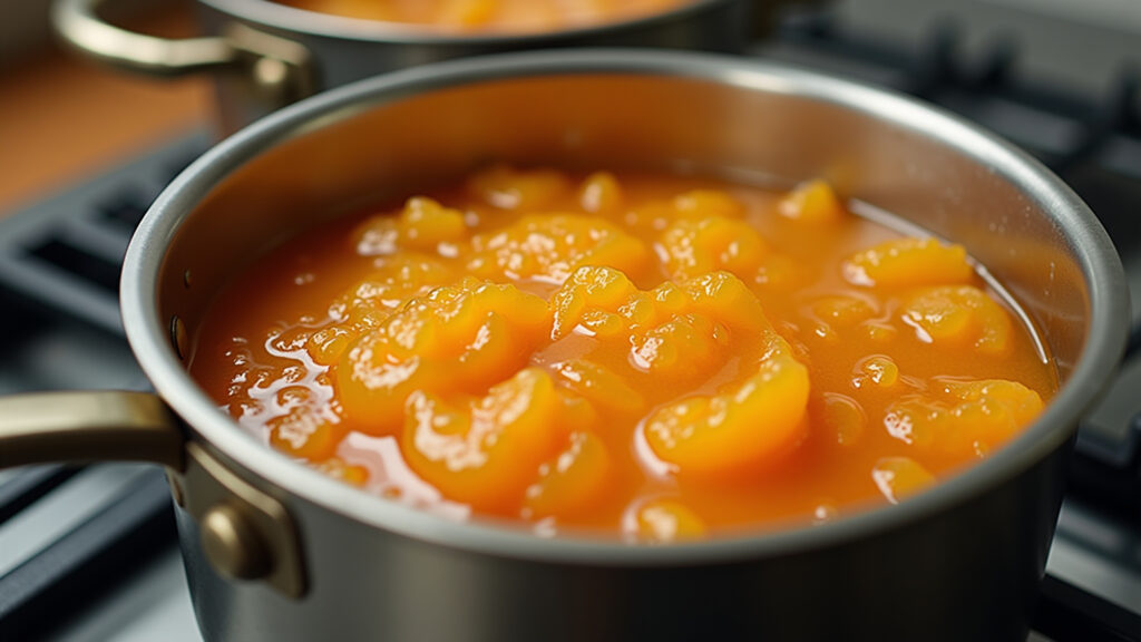 Close-up of homemade orange jam simmering in a pot on a stove. Commercial photography, 8K, sharp Doce de laranja caseiro: sabor e tradição.