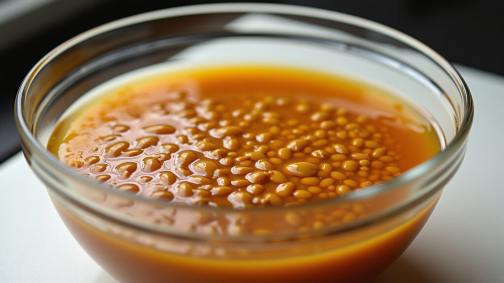 Close-up of lentil soaking in glass bowl, natural light, kitchen setting, focus on texture, 8k, Lentilha de molho em água filtrada.