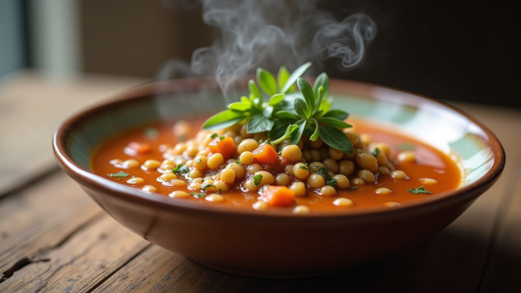 Close-up of lentil soup, steam rising, herbs on top, rustic bowl, natural light, 8k, professional Sopa de lentilha cremosa e fumegante.