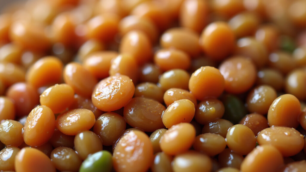 Close-up of lentils, highlighting nutritional information, vibrant colors, natural light, 8K Lentilha: superalimento rico em nutrientes.