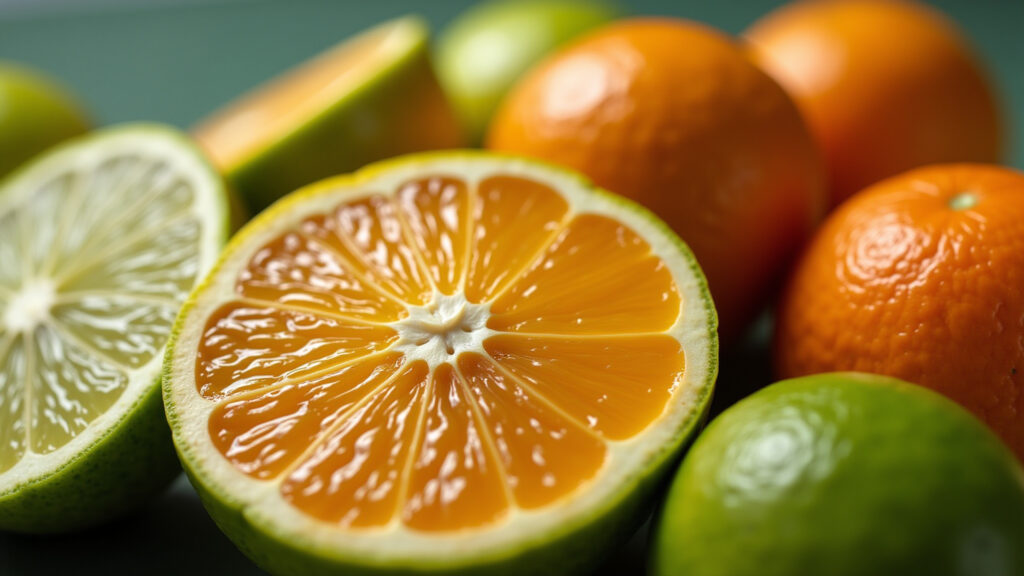 Close-up of lime oranges, vibrant colors, representing immune system boost, natural lighting, 8K Laranjas lima: escudo natural para fortalecer a imunidade.