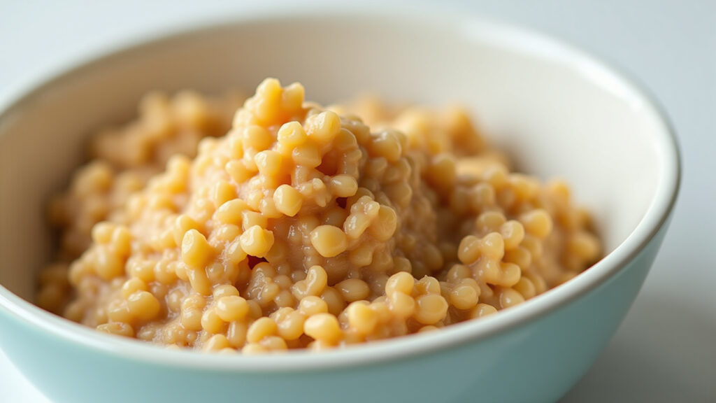 Close-up of mashed lentils for baby food, natural light, 8K, professional photography, healthy Purê de lentilha para bebês, rico em ferro e nutrientes.