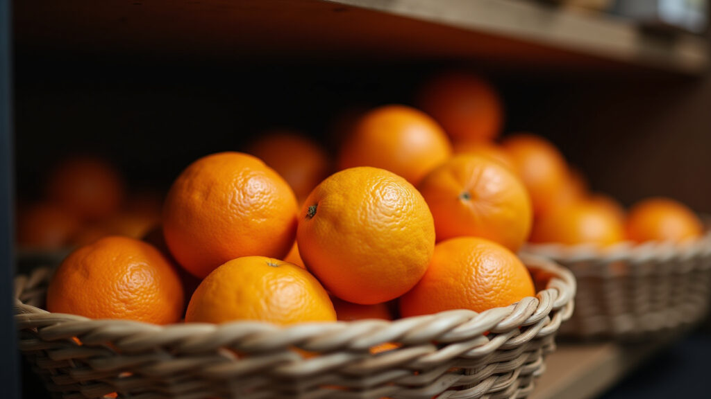 Close-up of oranges stored in a woven basket in a cool, dark pantry. Professional photography, 8K, Laranjas frescas: conservação e sabor.