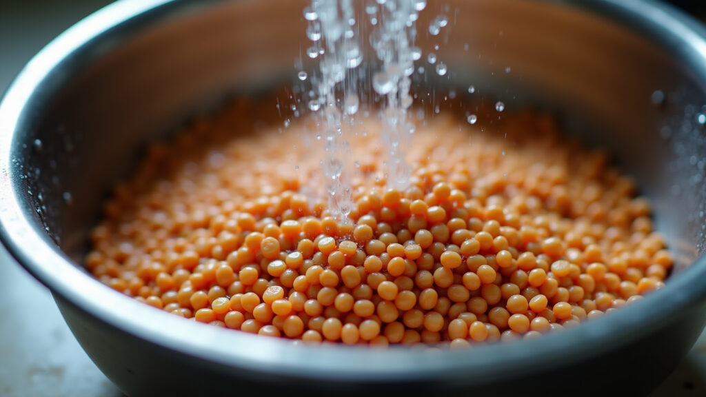 Close-up of raw lentils being washed in a colander, water droplets, natural light, professional Lentilha crua sendo lavada em um escorredor.