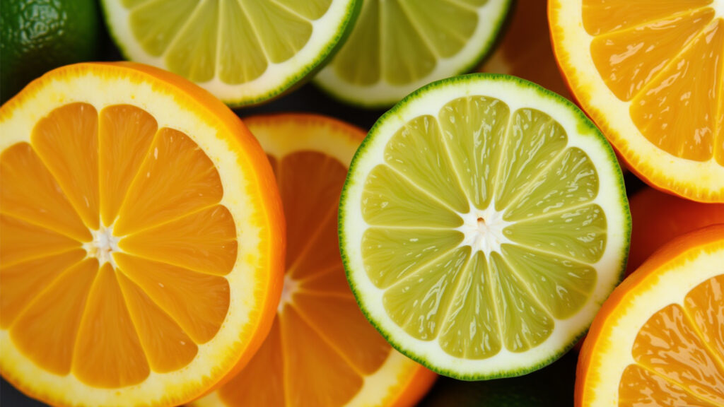 Close-up of sliced lime oranges, vibrant colors, natural light, showcasing freshness. Professional Laranja lima fresca e cortada, pronta para consumo.