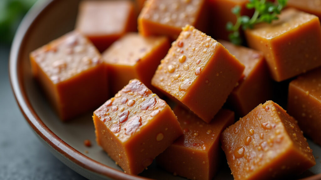 Close-up of smoked tofu with a rich, dark color and visible texture. Natural light, 8K quality, Tofu defumado com textura rica e cor escura.