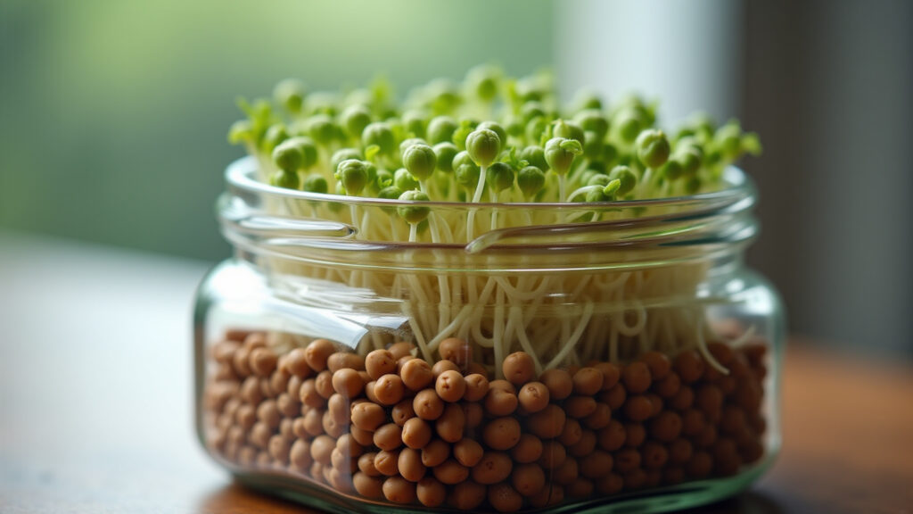 Close-up of sprouted lentils in a glass jar, roots visible, natural light, professional Lentilha germinada em um pote de vidro.