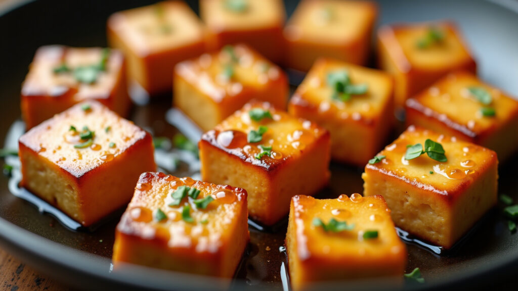 Close-up of tofu cubes marinated in shoyu, ginger, and garlic, ready to be grilled. Natural Tofu marinado com shoyu, alho e gengibre pronto para grelhar.