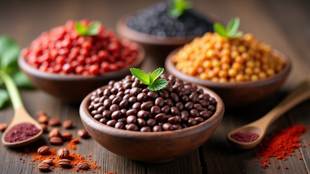 Close-up of various lentil types (red, brown, black) in rustic bowls, Brazilian spices scattered Variedade de lentilhas em tigelas rústicas com especiarias brasileiras.