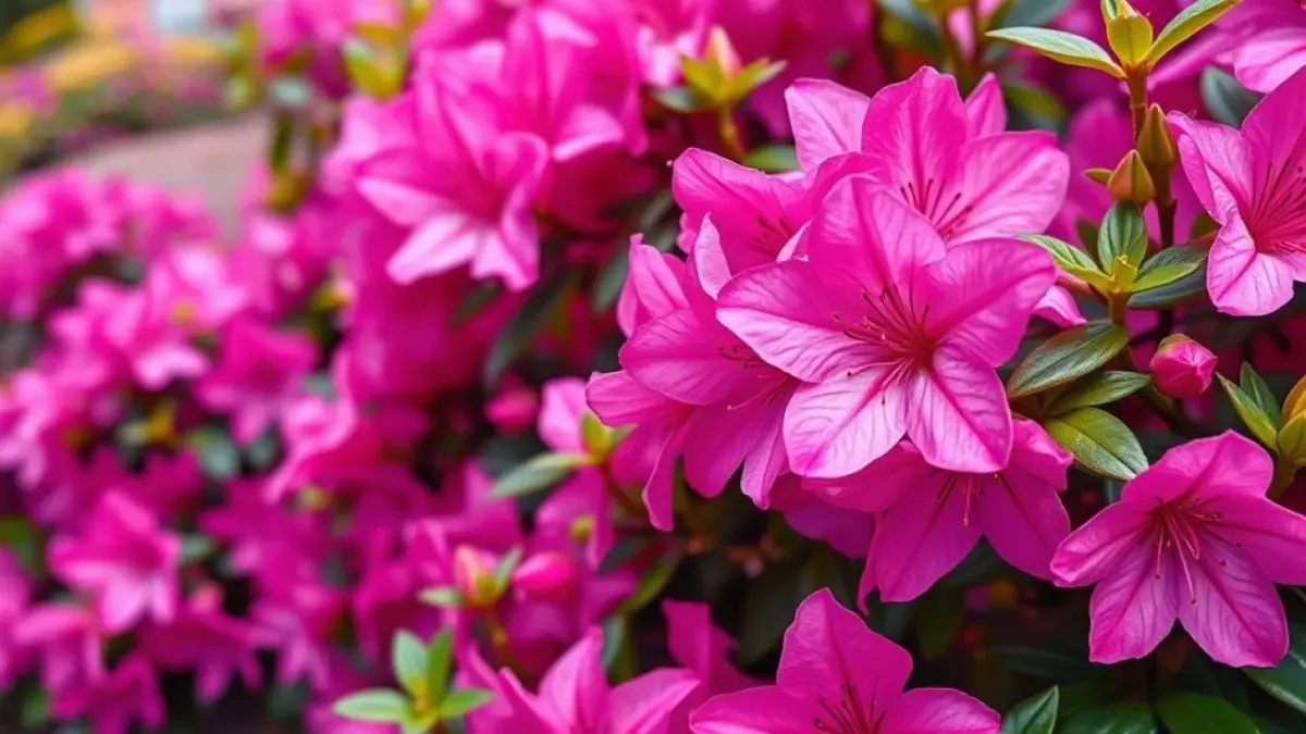 Azaleias rosas vibrantes florescendo em um jardim japonês.
