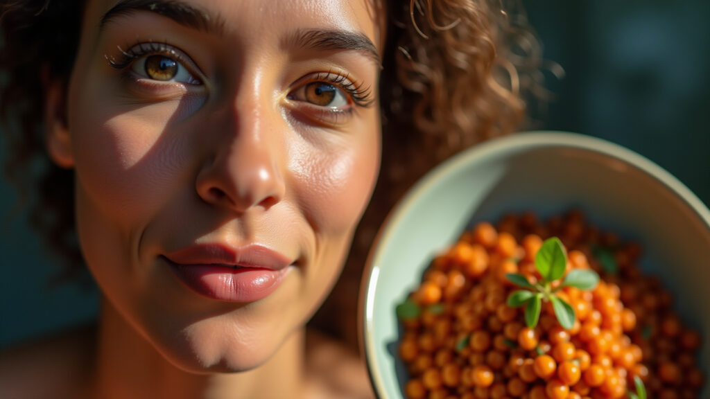 Close-up of woman's radiant skin, lentil dish in background, natural light, 8K, commercial Pele radiante de mulher, resultado do consumo de lentilha.