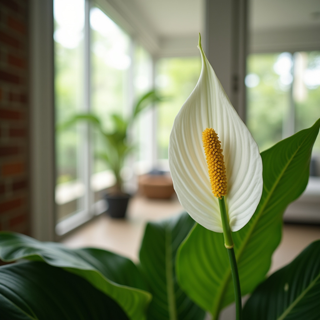 Close-up, peace lily (spathiphyllum) in a bright, modern Brazilian home. Natural light, focus on Flor de lírio da paz em detalhe, iluminação natural.