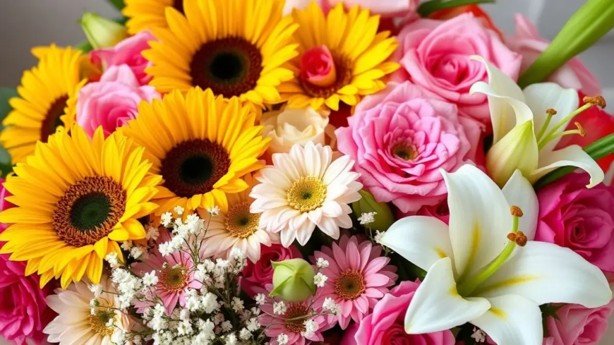 Close-up shot of a selection of flowers popular for children's parties in Brazil: sunflowers, Seleção de flores coloridas ideais para decoração de festa infantil no Brasil.