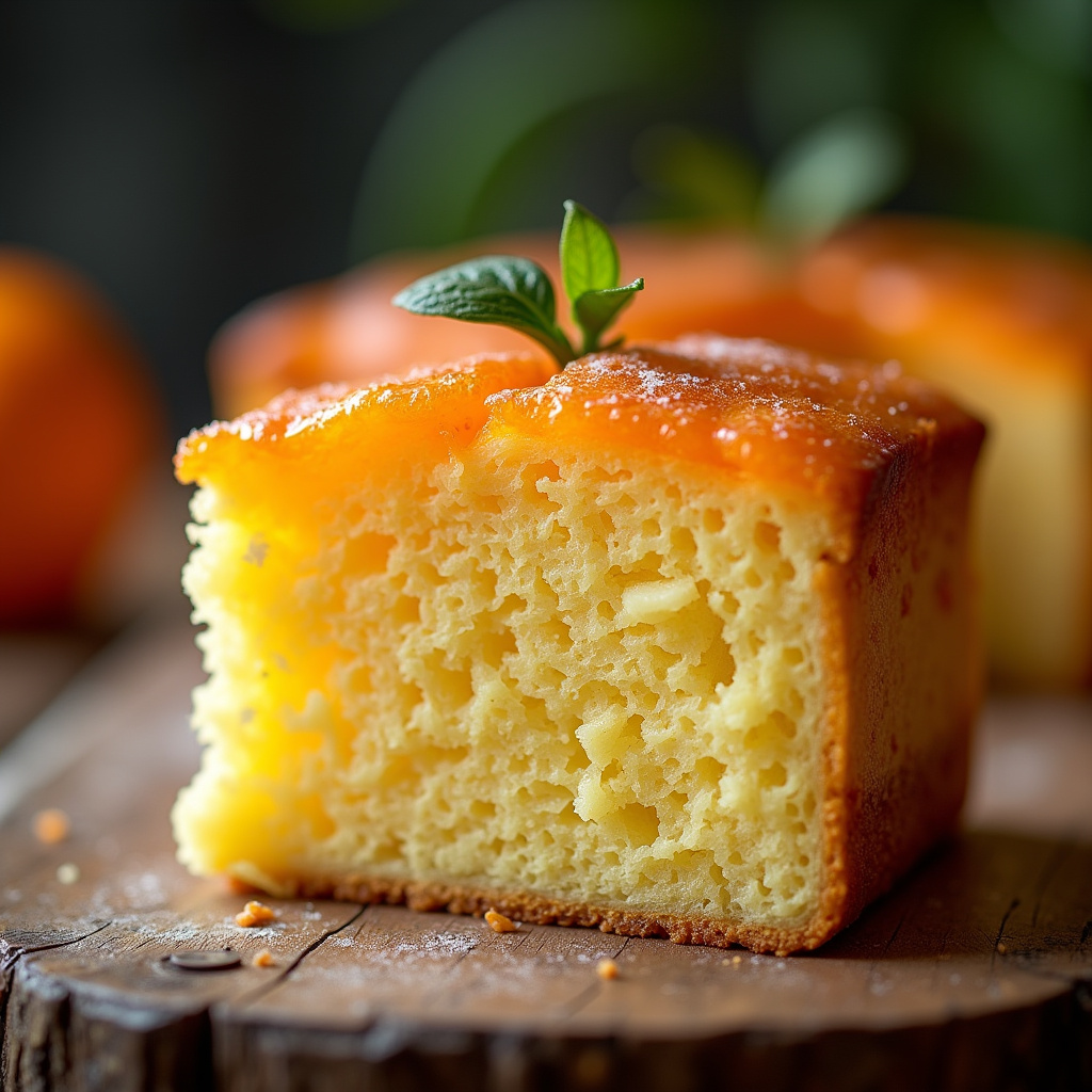 Close-up shot, orange cake slice, vibrant colors, natural light, rustic Brazilian kitchen, 'Farm Fatia apetitosa de bolo de laranja caseiro.