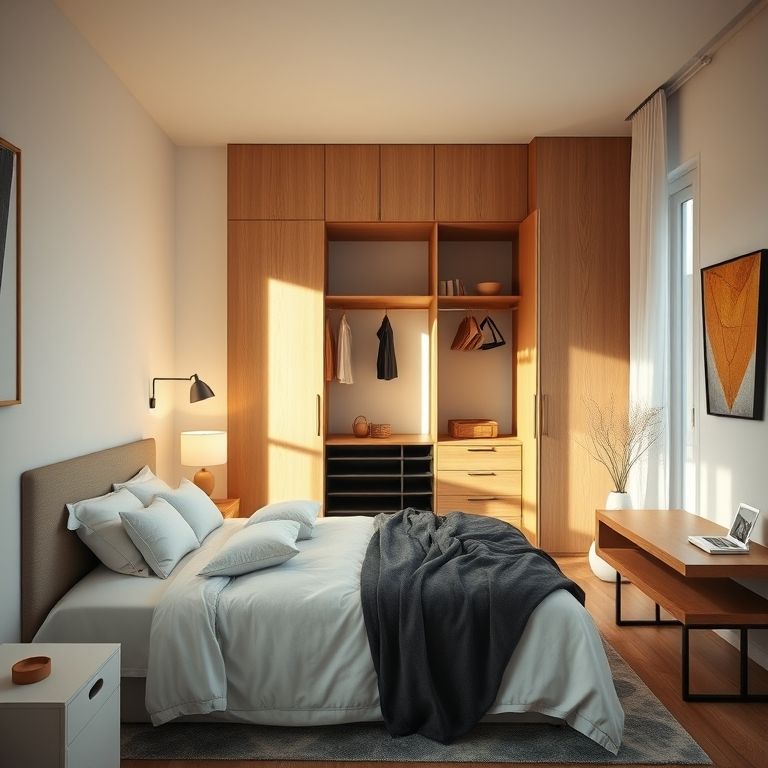 Closet aberto em quarto pequeno, solução inteligente para otimizar o espaço.