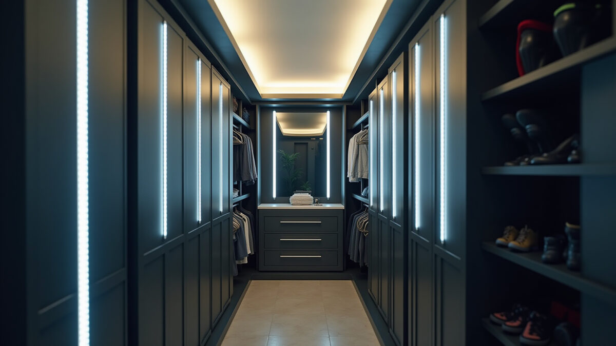 Closet with bright lighting, LED strips, organized, professional photography, 8K quality, sharp Closet com iluminação clara e fitas de LED nos armários.