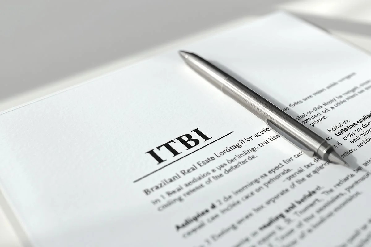 Detalhe de um contrato imobiliário brasileiro com destaque para a seção do ITBI. Imposto importante.