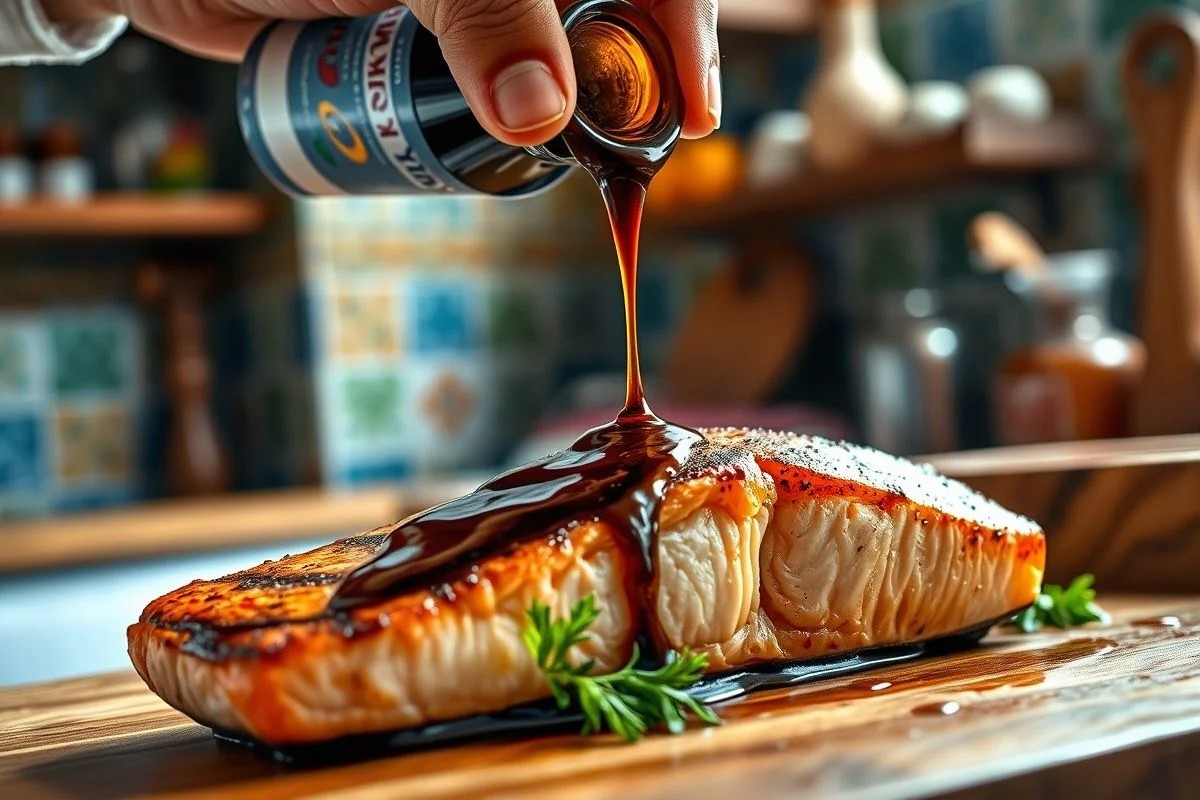 Chef despejando molho shoyu Kikkoman sobre salmão grelhado, fotografia de comida profissional.