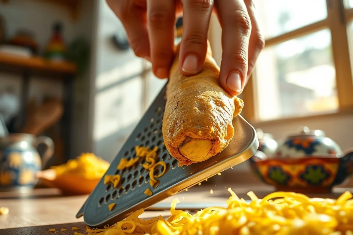 Gengibre fresco sendo ralado, ingrediente essencial para o frango xadrez.