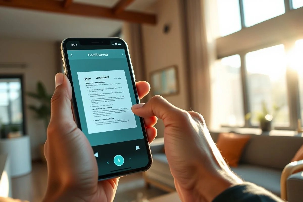 Digitalizando documento com smartphone em apartamento moderno no Brasil.