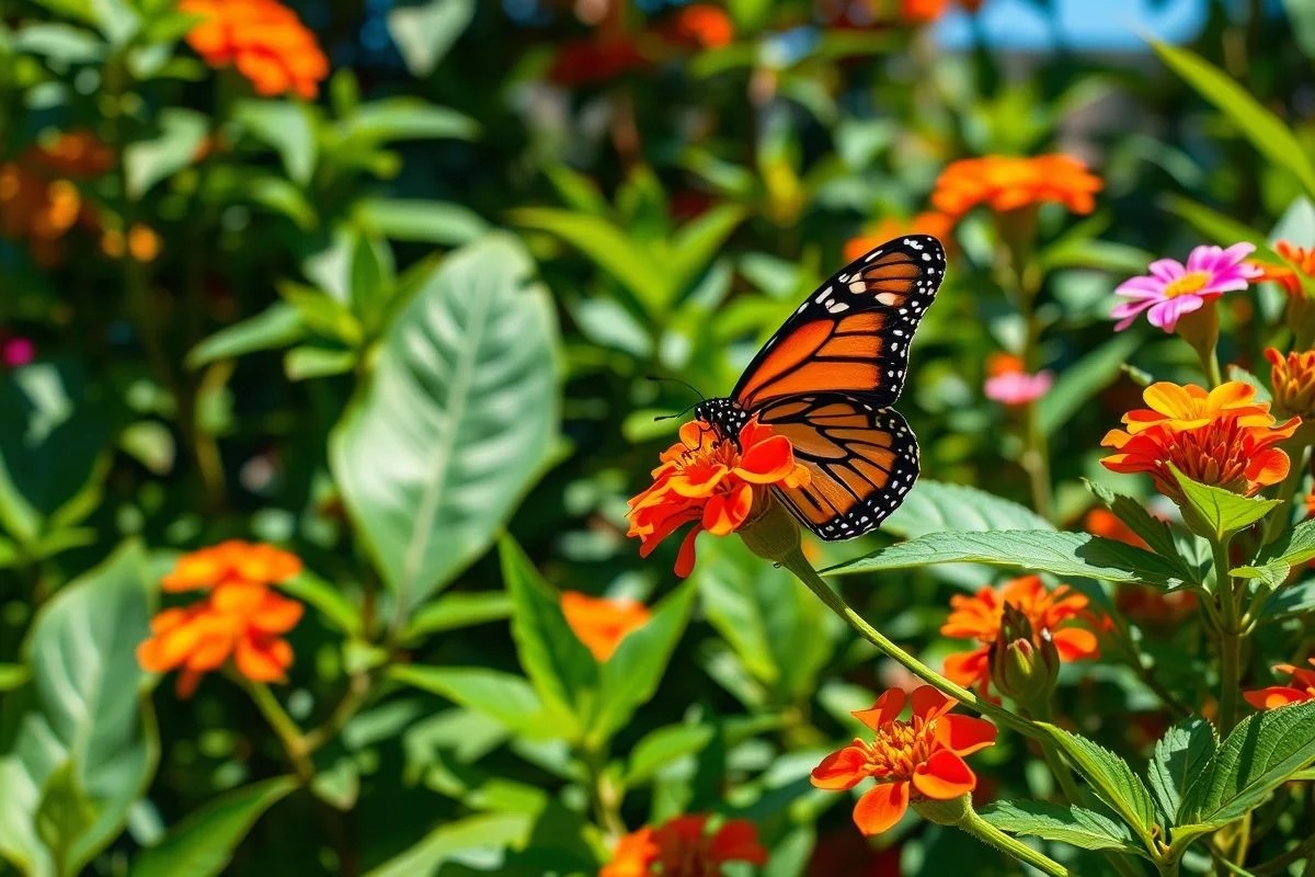 Borboleta Monarca alimentando-se em jardim brasileiro ensolarado.