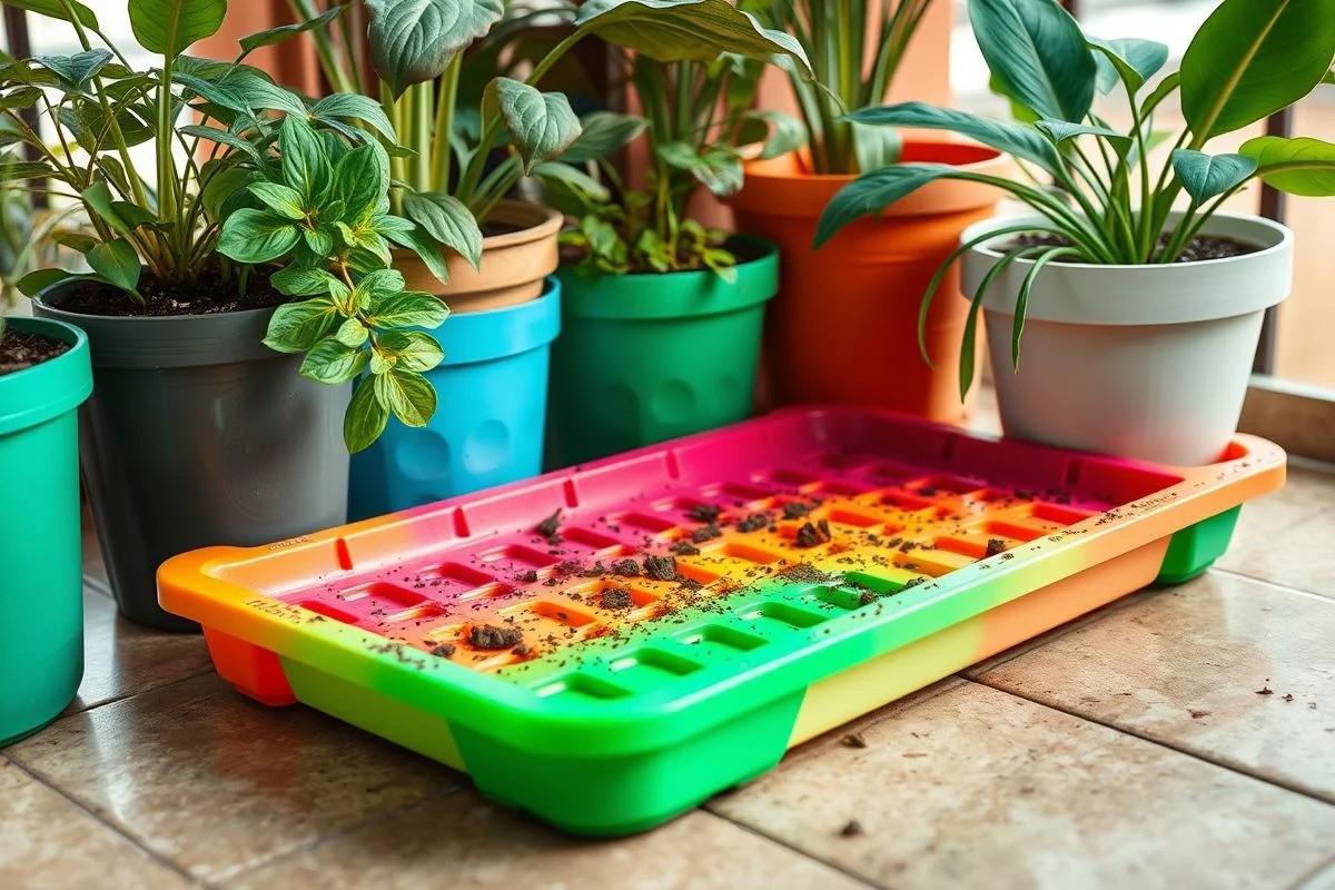 Bandeja plástica sob vasos de plantas em varanda brasileira, evitando sujeira.