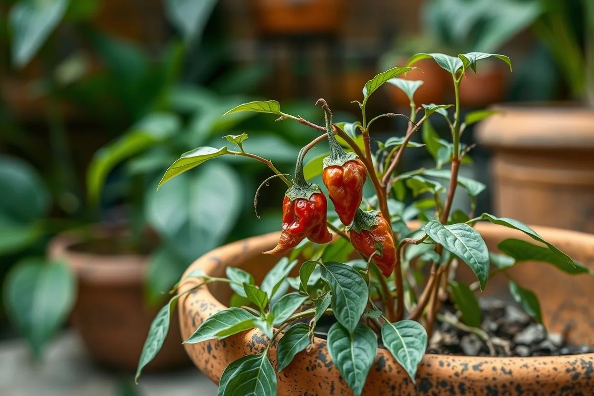 Pimenteira murcha em vaso de barro. Planta seca e desidratada.