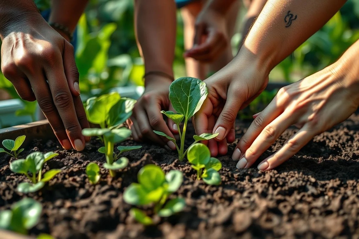 Mãos plantando mudas de hortaliças em canteiro elevado no Brasil.