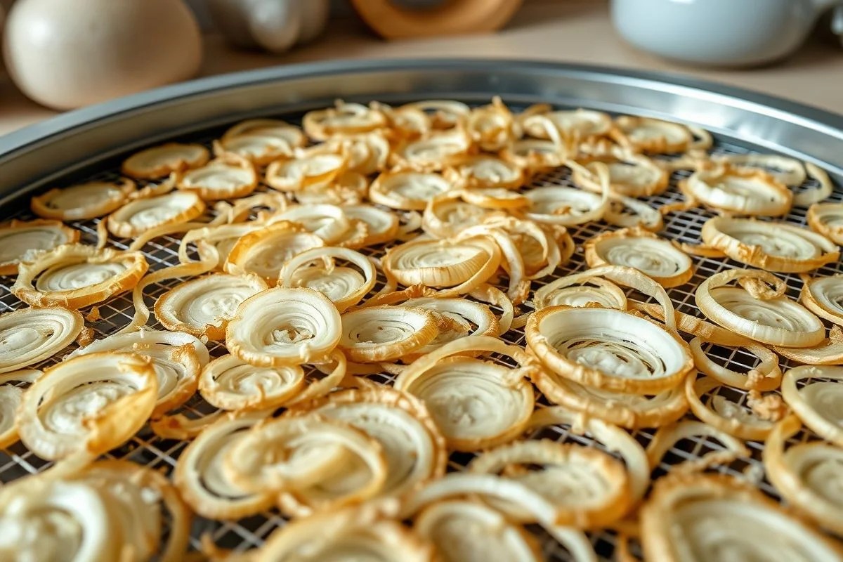 Fatias de cebola desidratando em desidratador de alimentos.