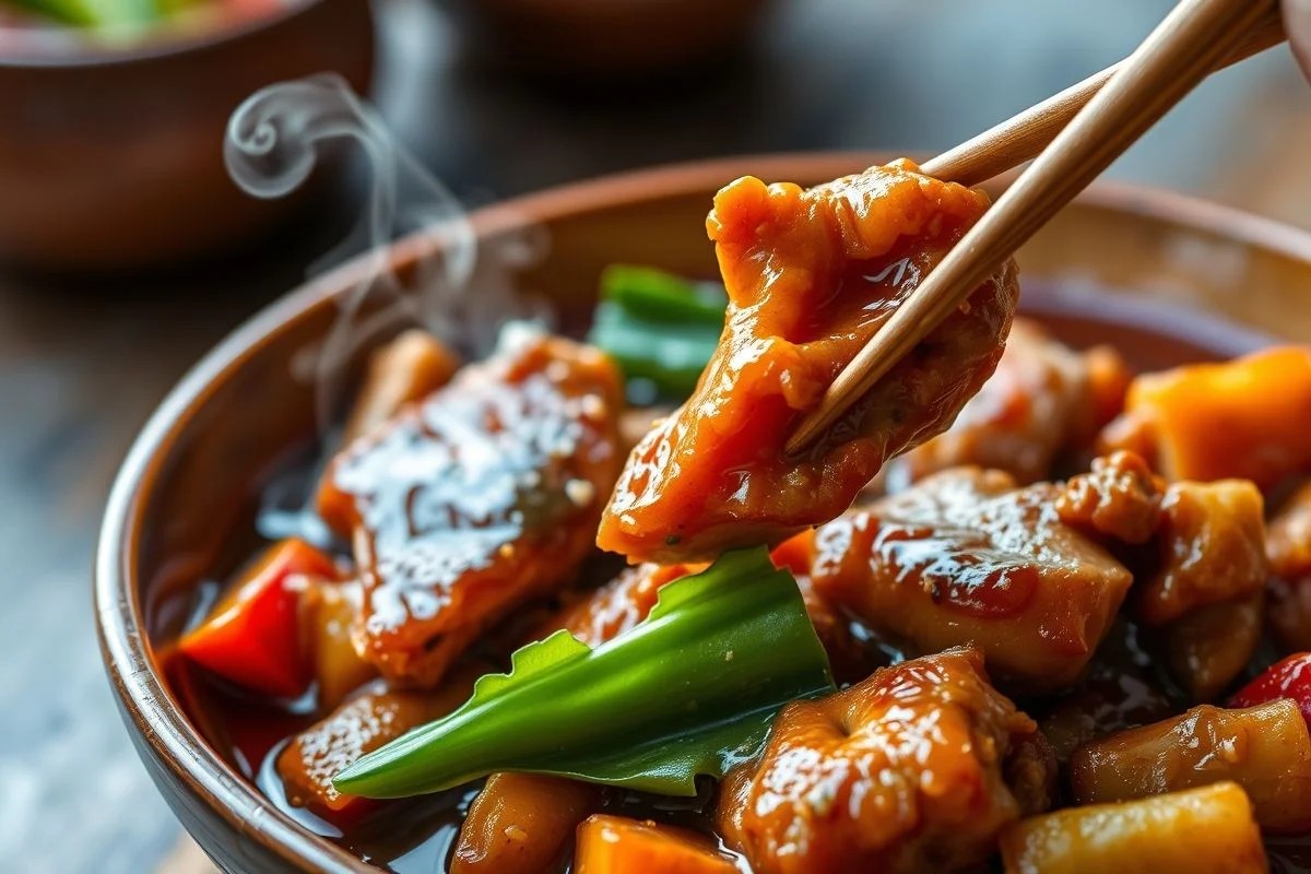 Frango Xadrez servido com hashis, pronto para degustar.