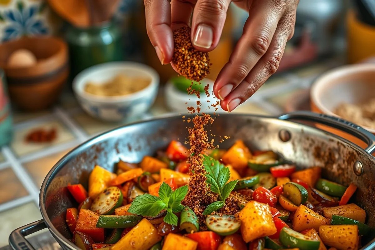 Adicionando tempero sírio a legumes salteados na frigideira.