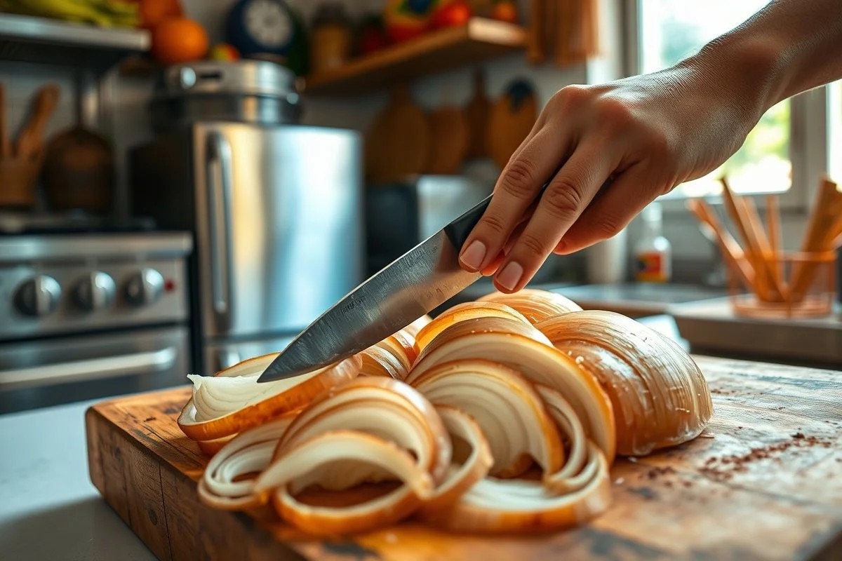 Mãos fatiando cebolas frescas em tábua de madeira em cozinha brasileira.