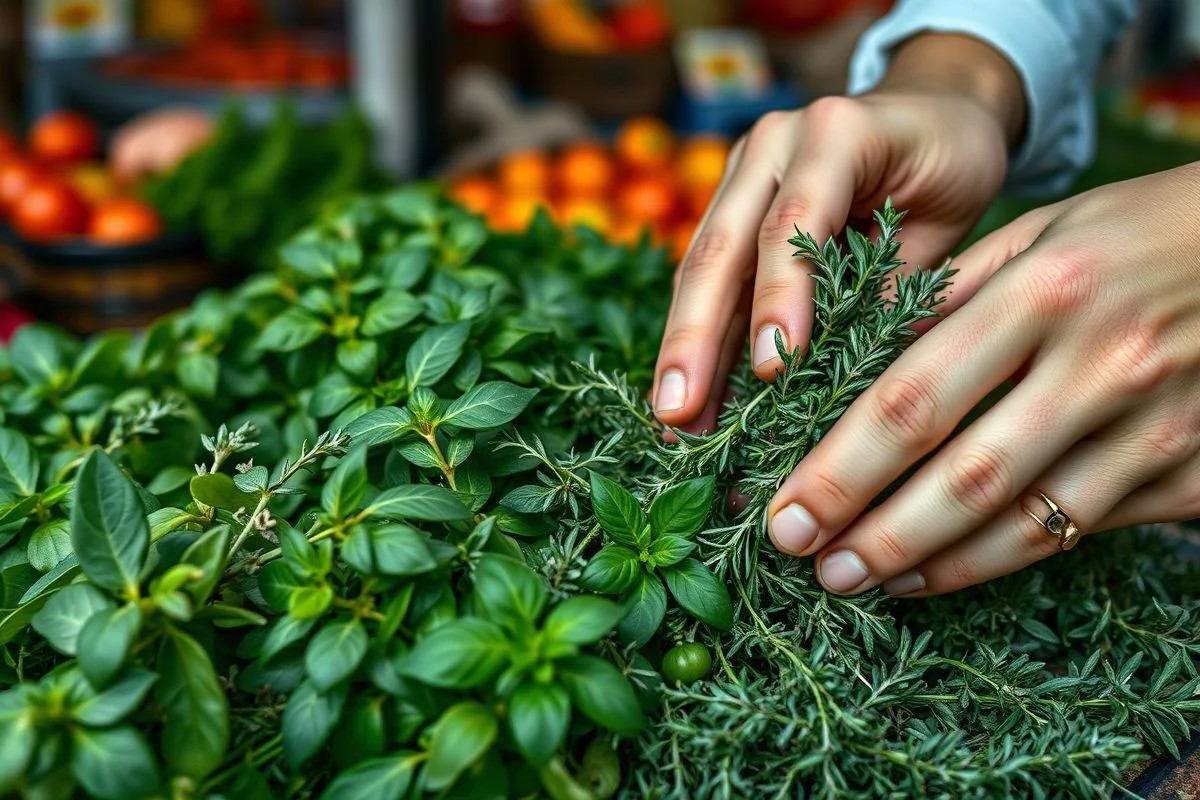 Mãos selecionando ervas frescas em feira brasileira, ingredientes para azeite aromatizado.