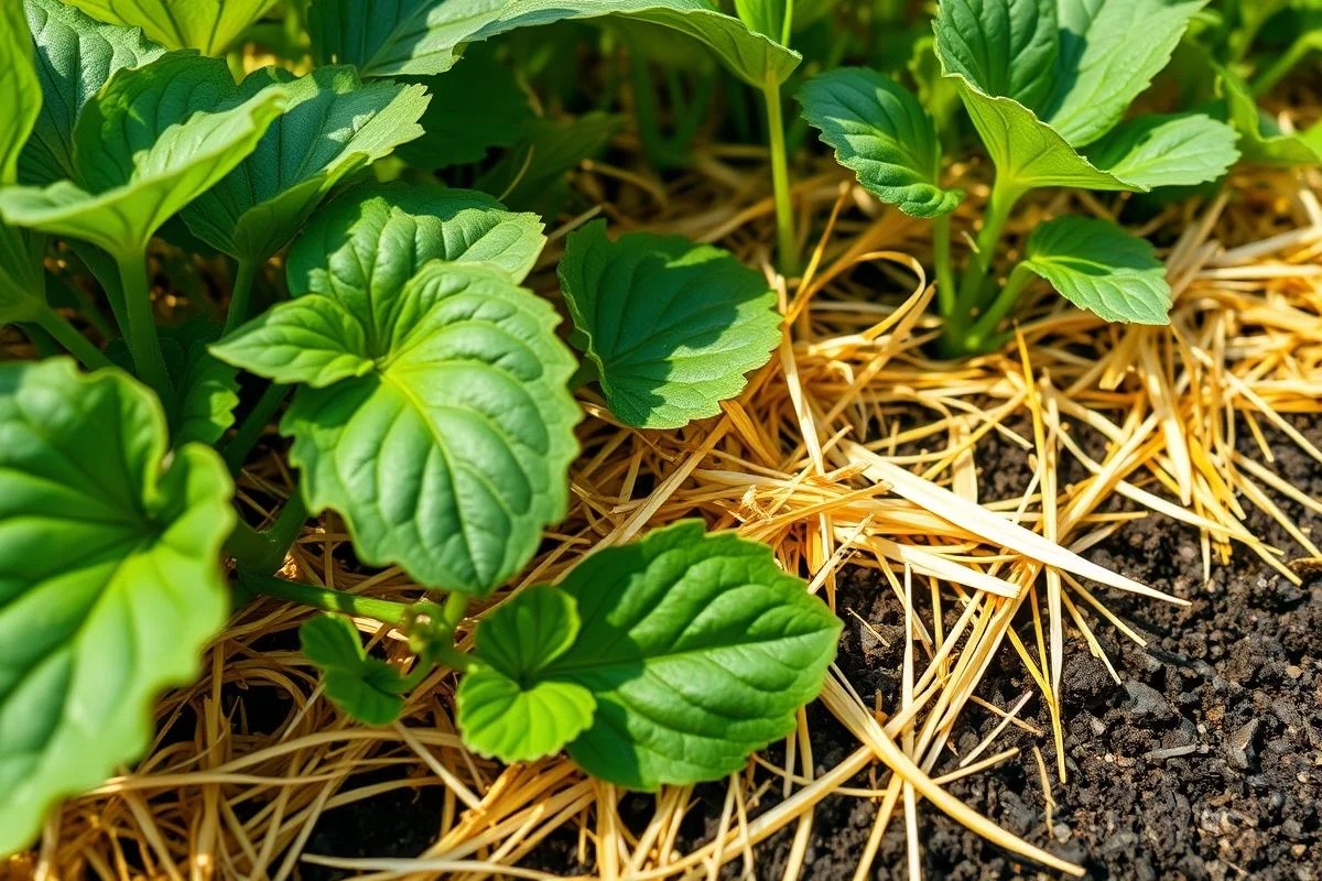 Cobertura morta com palha protegendo o solo e as plantas do frio no Brasil.