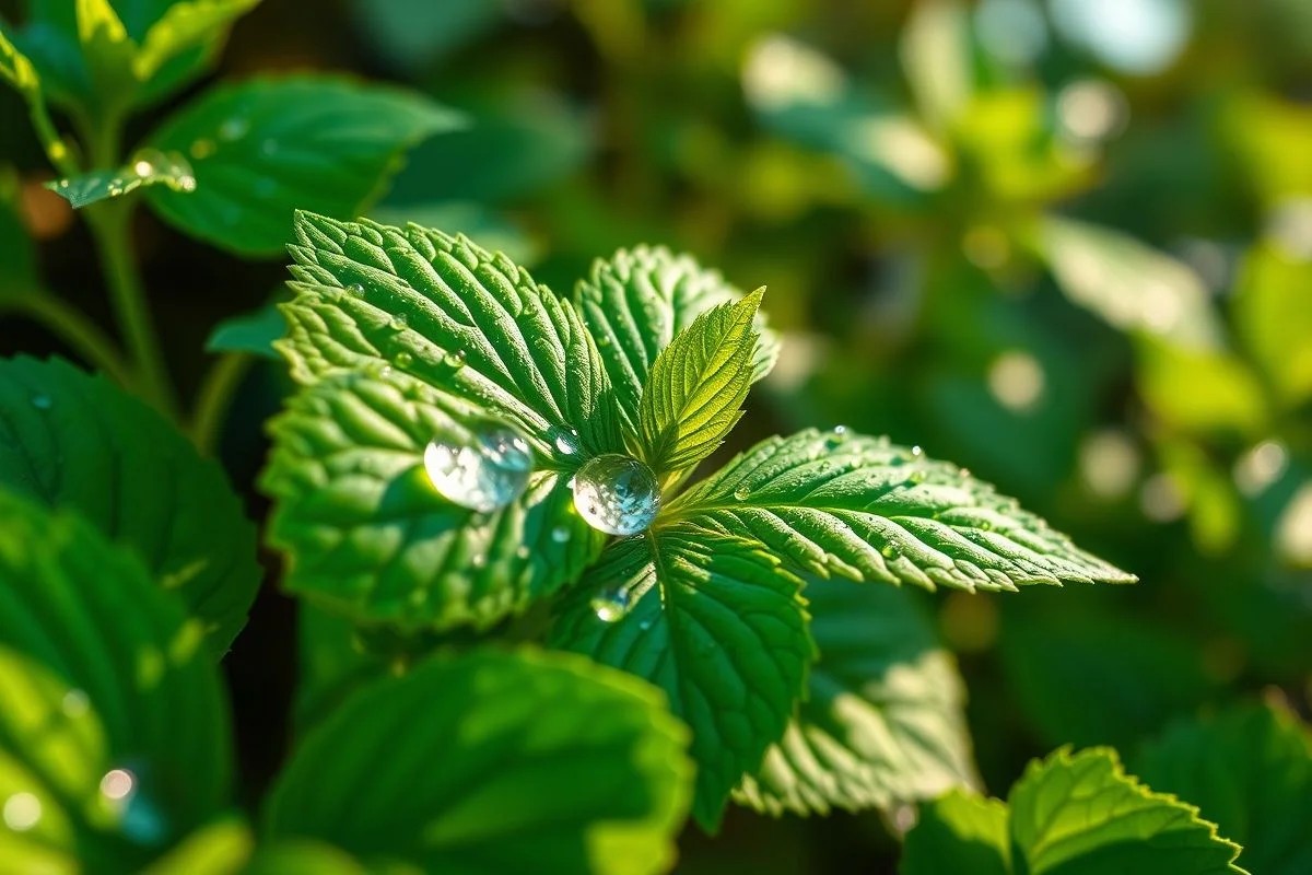 Folhas verde vibrante de erva cidreira com orvalho, jardim brasileiro.